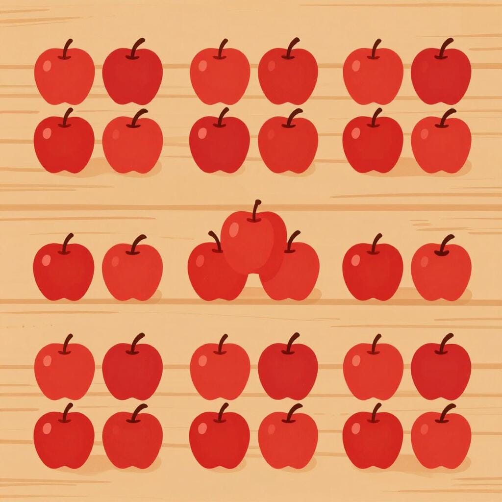 Ein Holzbrett mit zwölf Äpfeln, die in drei gleiche Gruppen von je vier aufgeteilt werden.