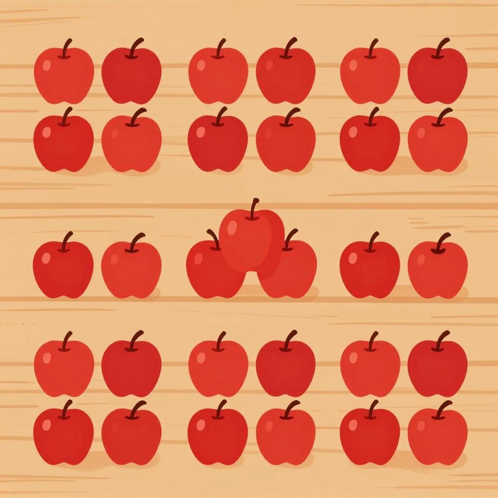 Uma tábua de madeira com doze maçãs sendo separadas em três grupos iguais de quatro.