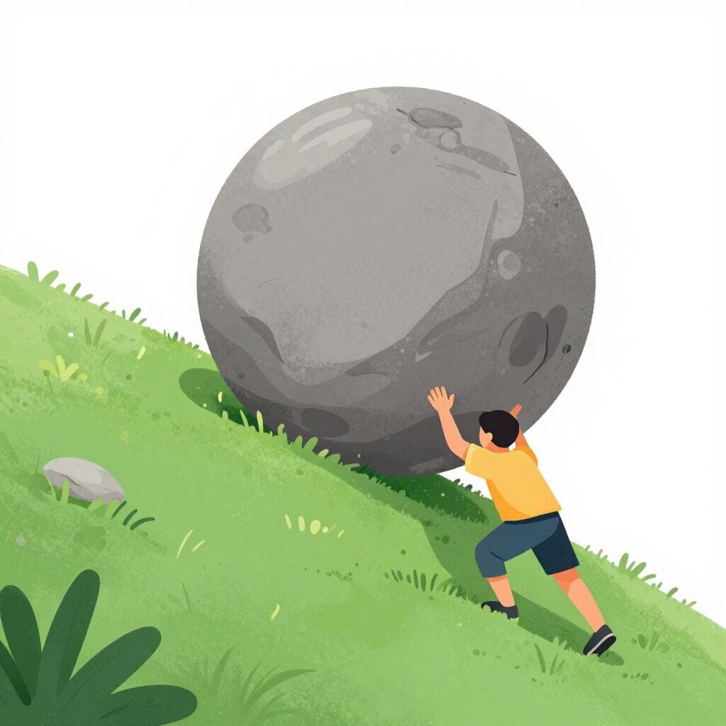 A person pushing a massive, heavy boulder up a steep green hill.