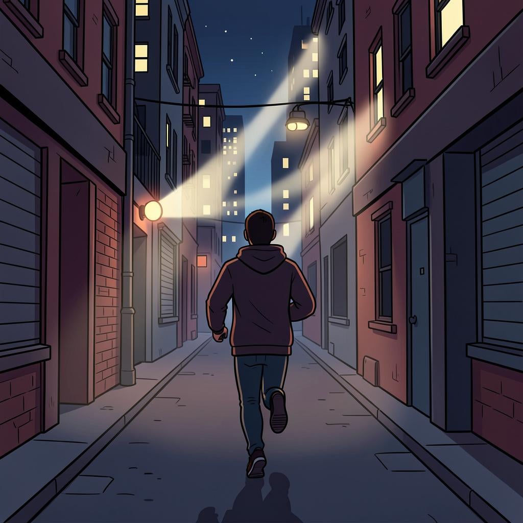 A person in a hooded jacket running quickly through a dark alleyway away from bright lights.