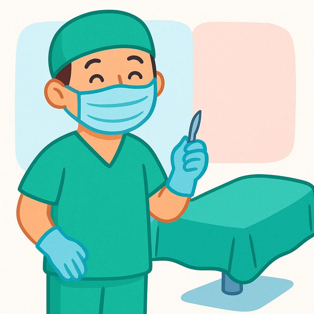 Um desenho animado de um cirurgião vestindo um pijama verde e máscara, segurando um instrumento cirúrgico sobre um paciente deitado em uma mesa de operação.