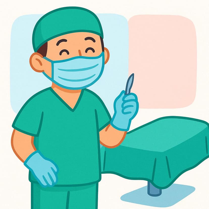 A cartoon surgeon wearing green scrubs and a mask, holding a surgical tool above a patient lying on an operating table.