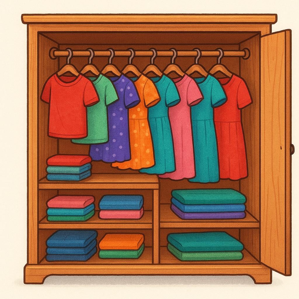 An illustration of an open wooden wardrobe closet filled with many colorful shirts, pants, and dresses hanging neatly on racks and folded on shelves.