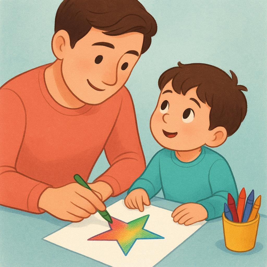 A brightly colored illustration showing an adult and a small child sitting at a low table. The adult is gently guiding the child's hand with a crayon to draw a colorful star on a piece of paper, symbolizing the act of teaching.