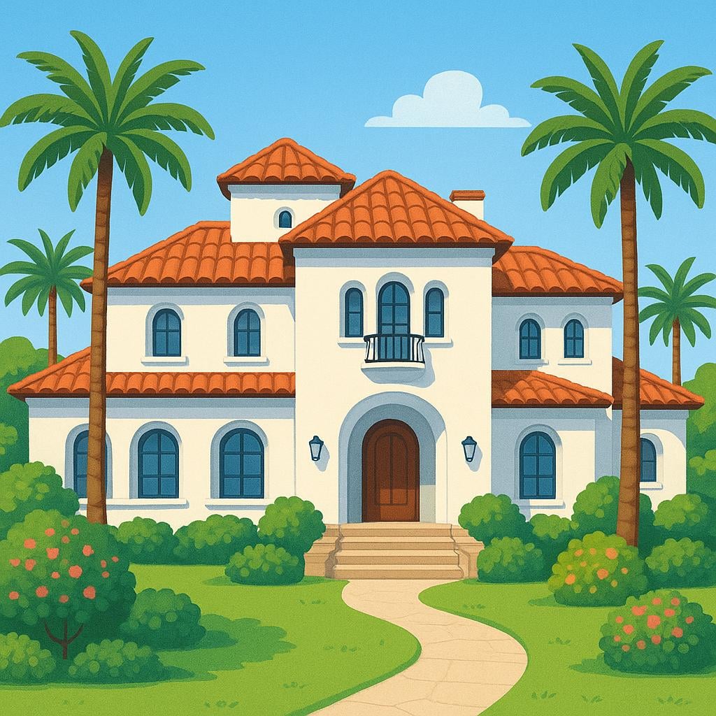 A depiction of a large, luxurious Mediterranean-style estate with a red-tiled roof and surrounding manicured gardens.