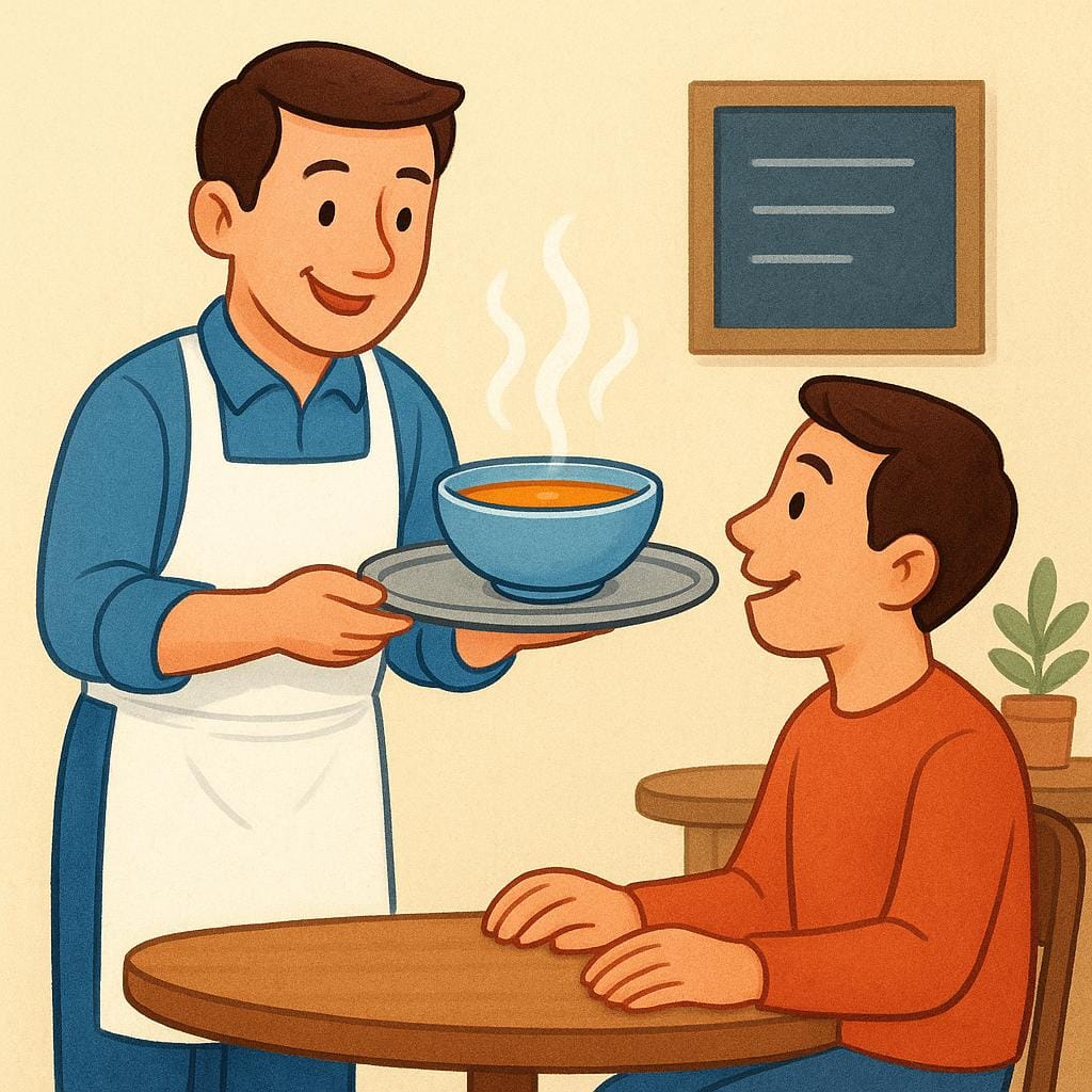 Une personne souriante portant un tablier blanc sert un bol de nourriture fumant sur un plateau à un client assis à une table de restaurant.