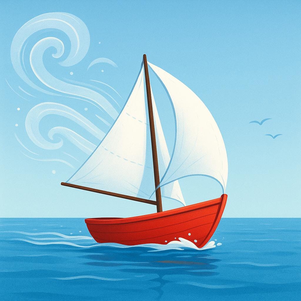 A small red sailboat is rapidly propelled forward by a strong gust of wind across a blue sea.
