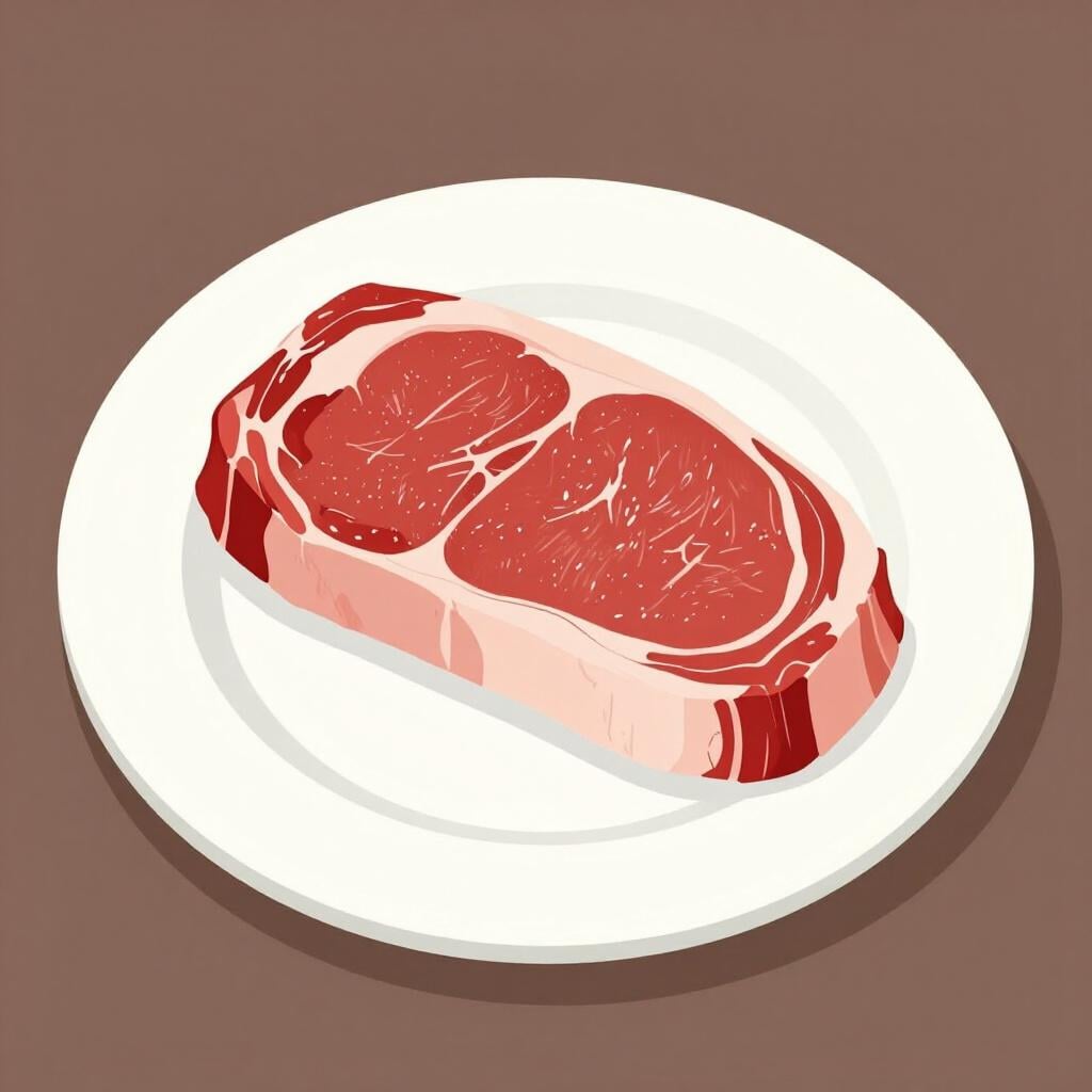A fresh, bright red slice of steak on a clean white plate.