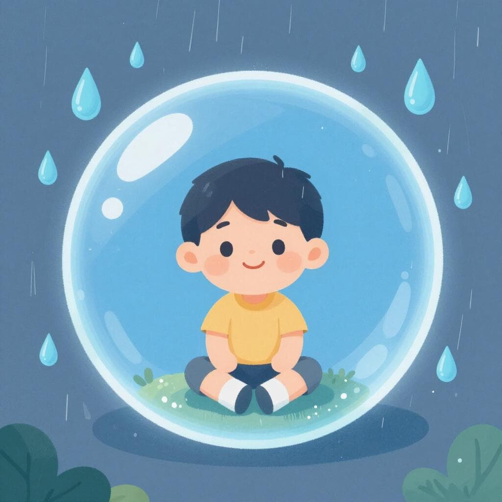 Un jeune enfant entouré d'un bouclier d'énergie bleu lumineux tandis que la pluie tombe autour de lui.