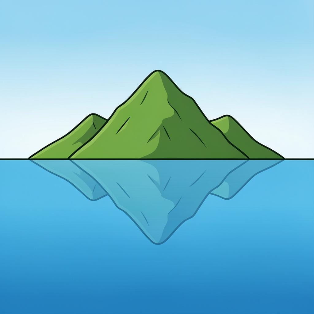 A bright green mountain reflected perfectly in the still blue water of a lake.