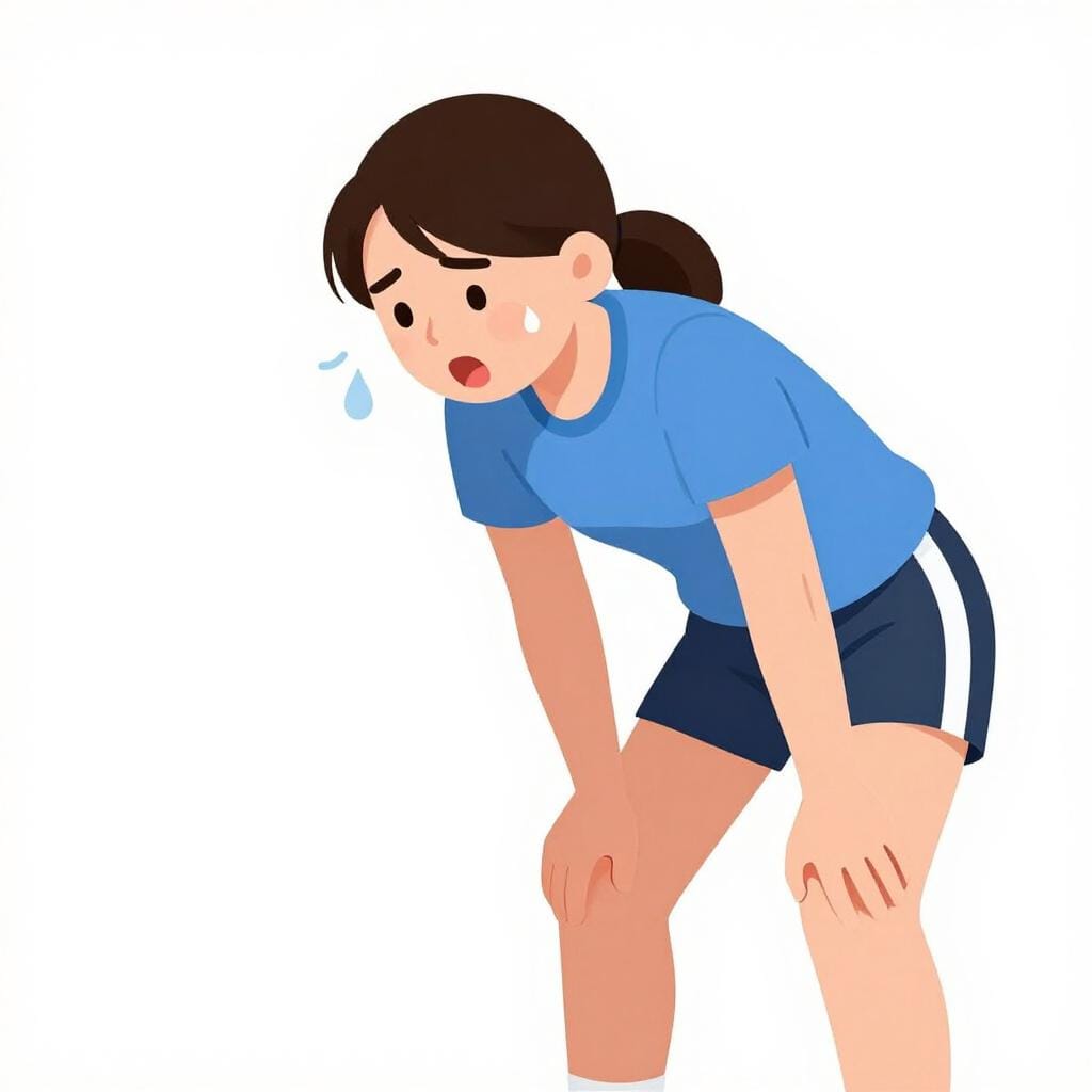 Een persoon die voorover leunt met de handen op de knieën, hijgend na een hardloopwedstrijd.