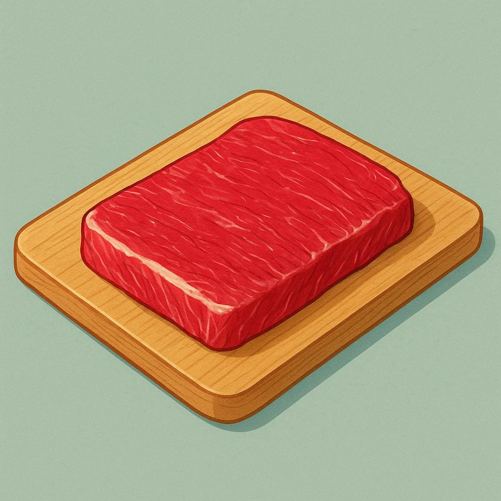 A raw, flat, rectangular cut of beef flank steak resting on a wooden cutting board.