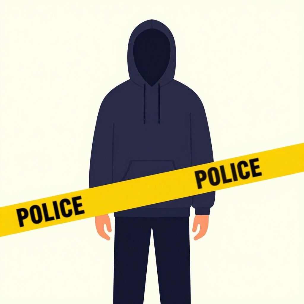 黄色い警察の規制線(イエローテープ)の後ろに立つ人物のシルエット。