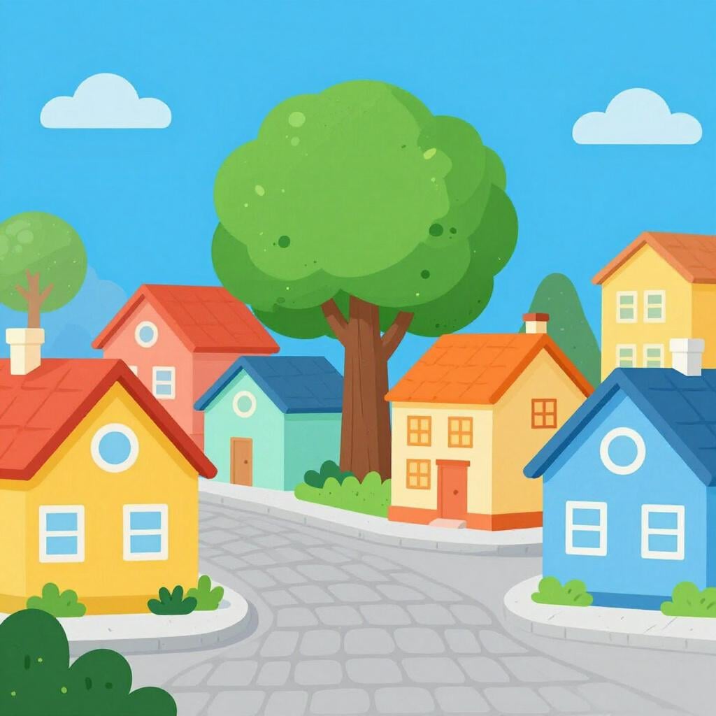 A small, colorful town with a few charming houses, a tree, and a cobblestone street.