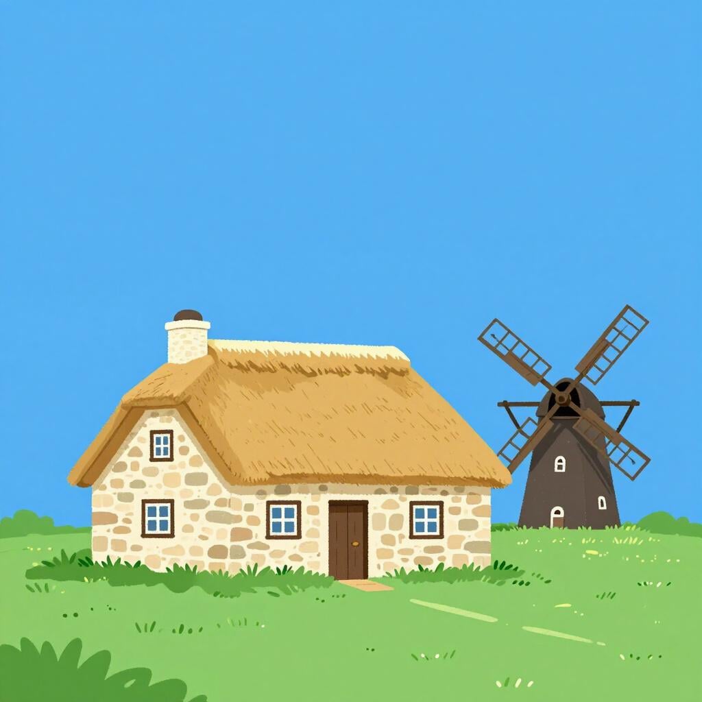 A peaceful landscape featuring a classic European stone cottage and a small windmill under a blue sky.
