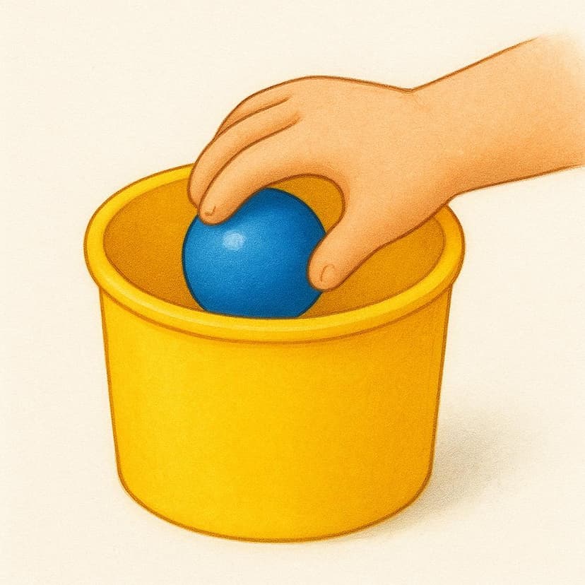 Eine Hand greift in eine einfache Kiste und zieht einen einzelnen Gegenstand heraus.