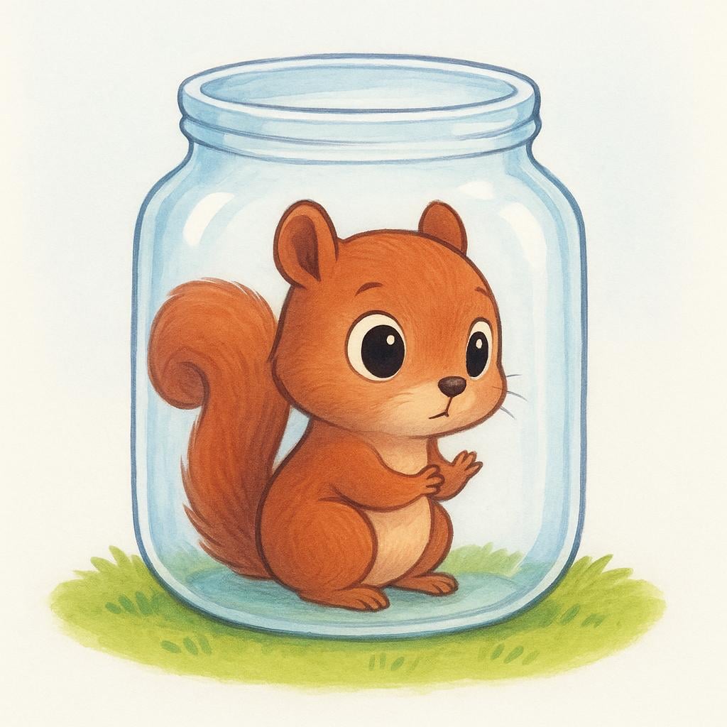 A small brown squirrel sits inside a clear glass jar, looking out through the glass, unable to escape.