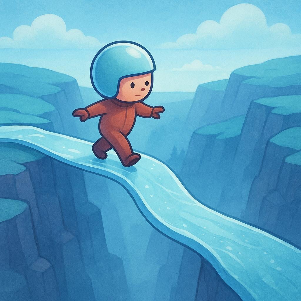 A small figure cautiously walking on a very narrow, winding ice path suspended high above a dark chasm, representing a tricky or sensitive situation.