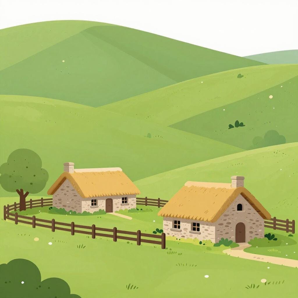 Uma paisagem verde ondulante com uma pequena casa, uma cerca de madeira e colinas distantes.
