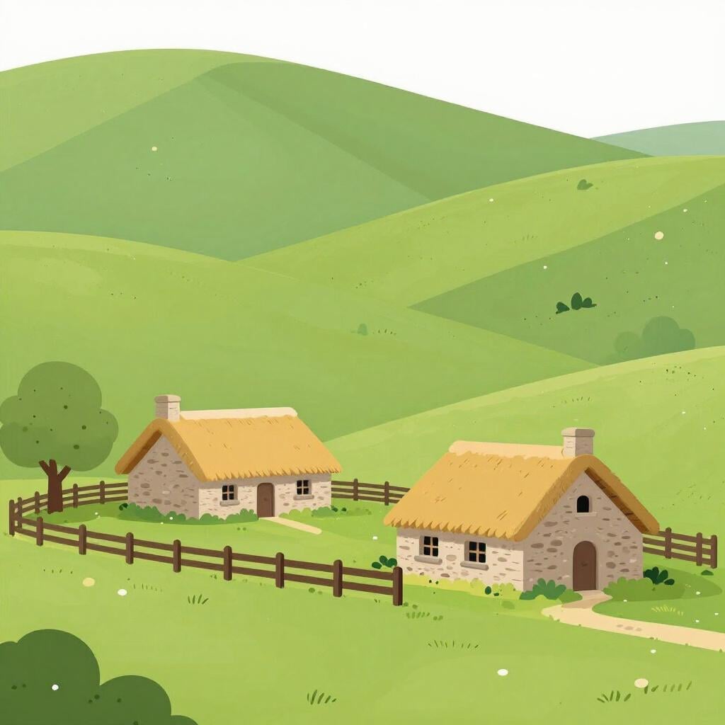 Un paysage verdoyant avec une petite chaumière, une clôture en bois et des collines lointaines.