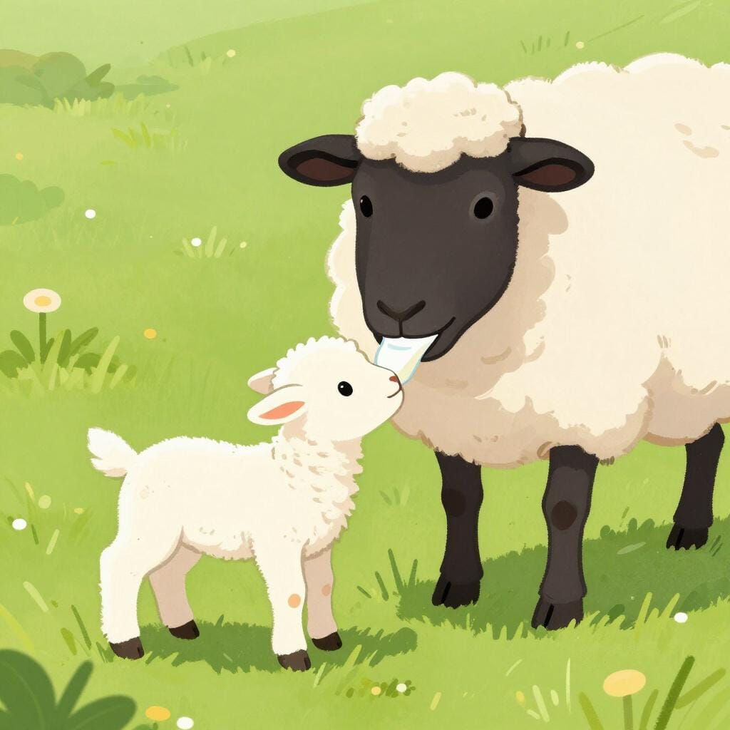 A small white lamb nursing from its mother in a green meadow.