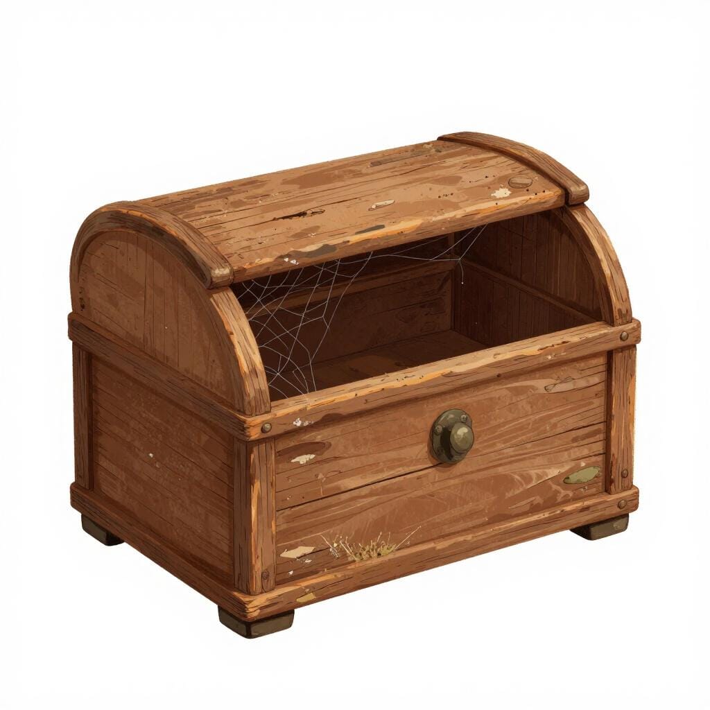 Een eenvoudige, kleurrijke, hoogwaardige kinderboekillustratie van een stoffige, zeer oude houten speelgoedkist met scheuren en vervaging, wat ouderdom symboliseert.