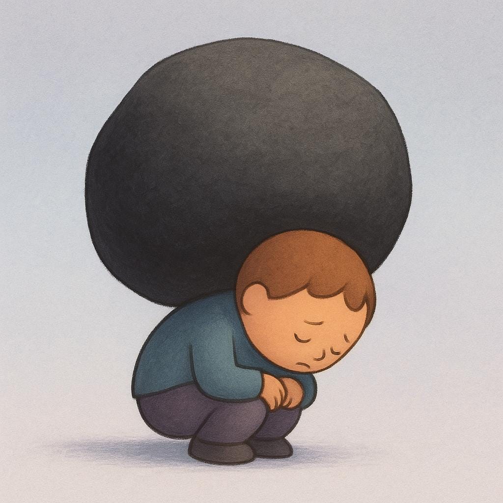 A small, simple human figure crouched down, visibly struggling under the weight of a single, large, heavy, dark gray rock resting on their back.