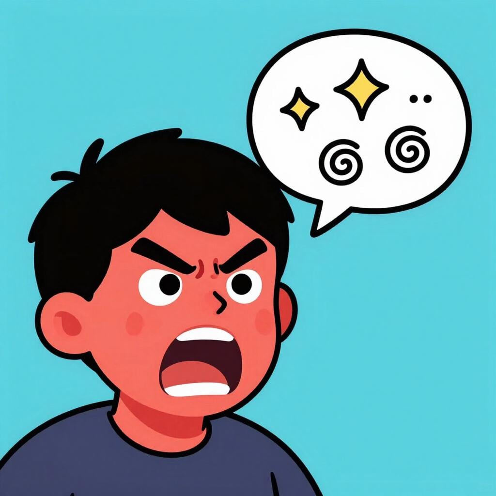 A cartoon character with a frustrated expression and a red face, with a comic-style explosion bubble coming from their mouth to represent shouting.