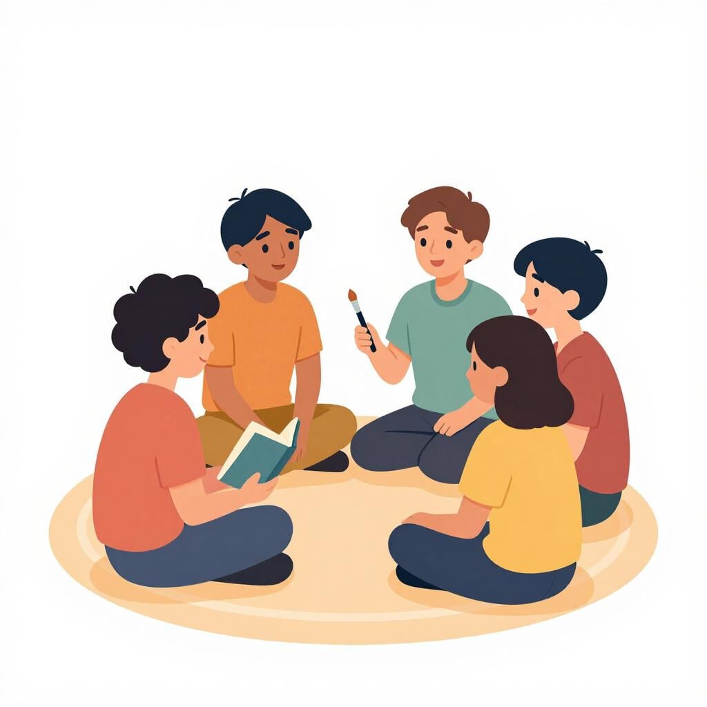 A group of diverse people sitting together in a cozy circle, sharing a common interest.