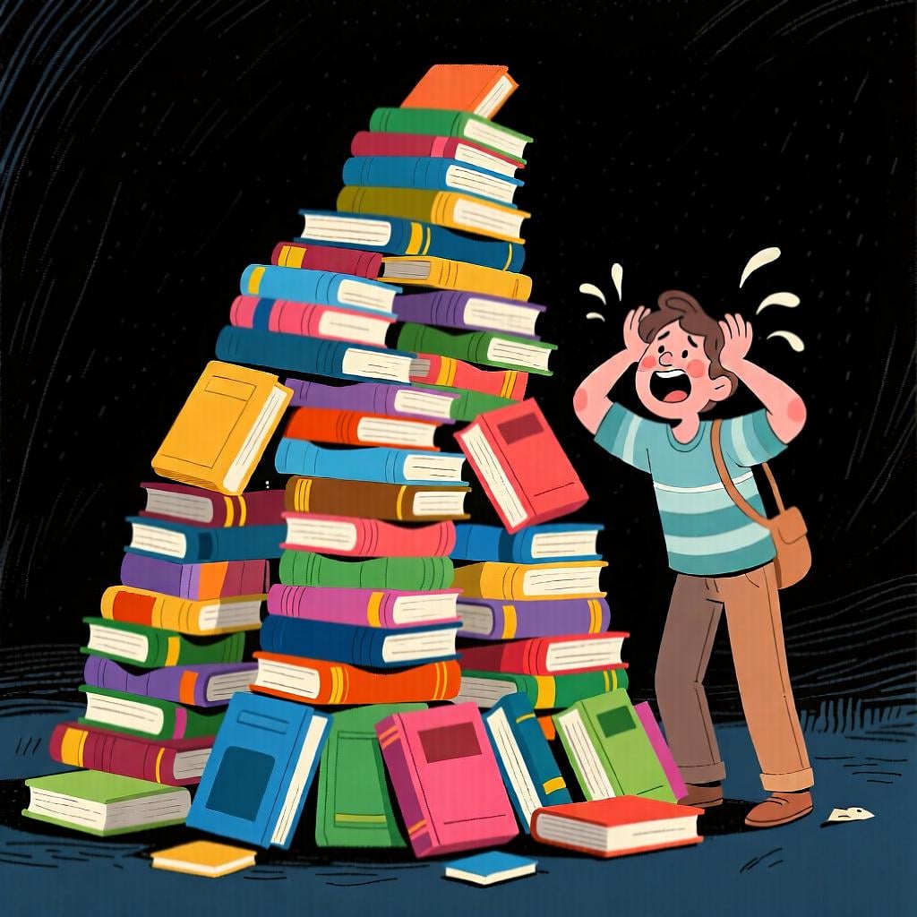 A person looking at a very large pile of books, illustrating the idea of 'many' or 'a lot of'.