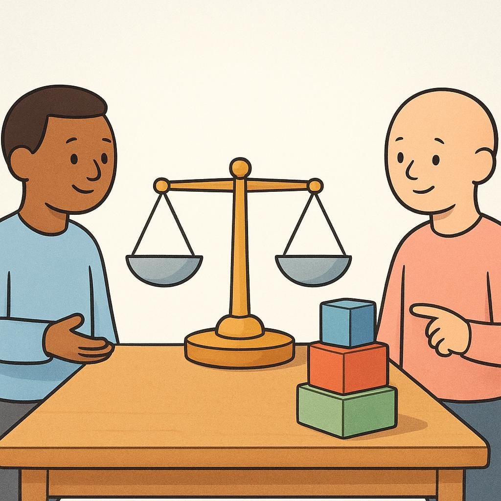 A storybook illustration showing two friendly cartoon figures standing across a table, calmly presenting their points. One figure gestures towards a balanced scale, and the other points to a set of stacked blocks, symbolizing reasons or evidence.