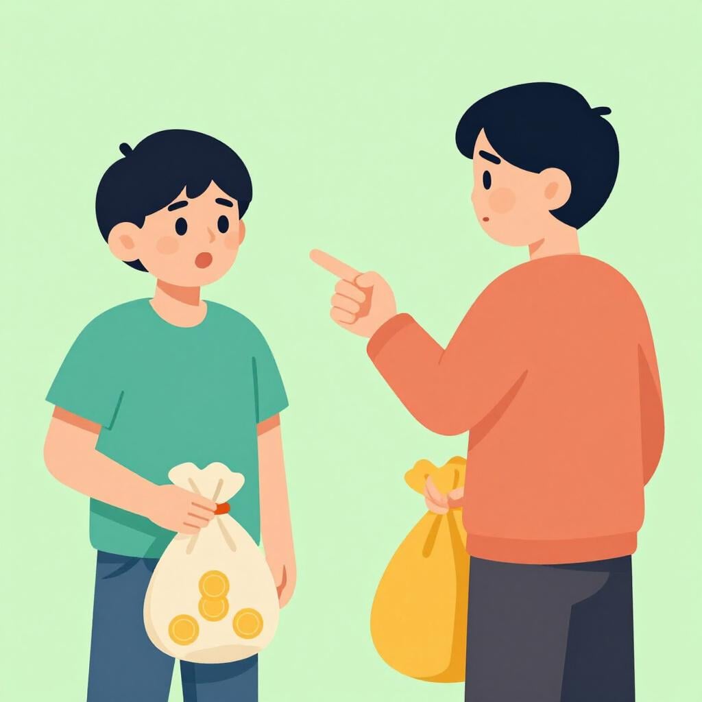A person in a green shirt pointing an accusing finger at a surprised person in a blue shirt while holding a bag of gold coins.