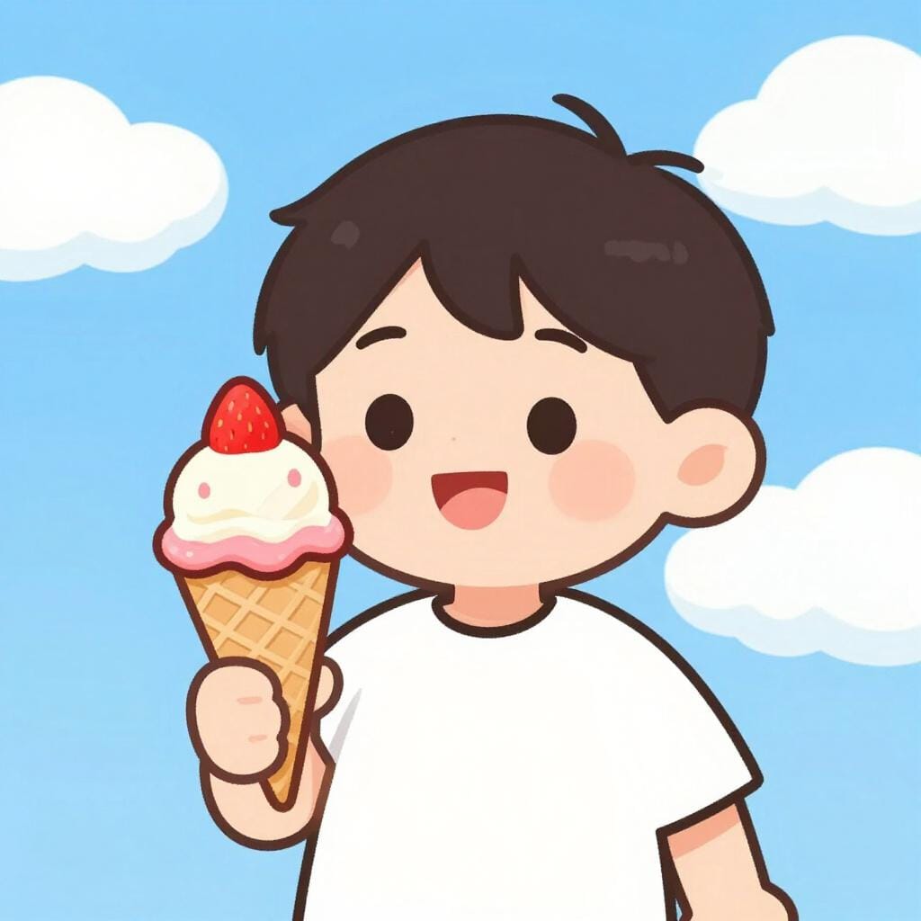 A child eating a single ice cream cone on a sunny day, representing an occasional treat.