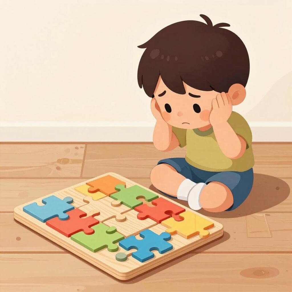 Een kind zit op de grond te kijken naar een ingewikkelde houten puzzel die het niet kan oplossen, met een lichte frons en handen op het hoofd.