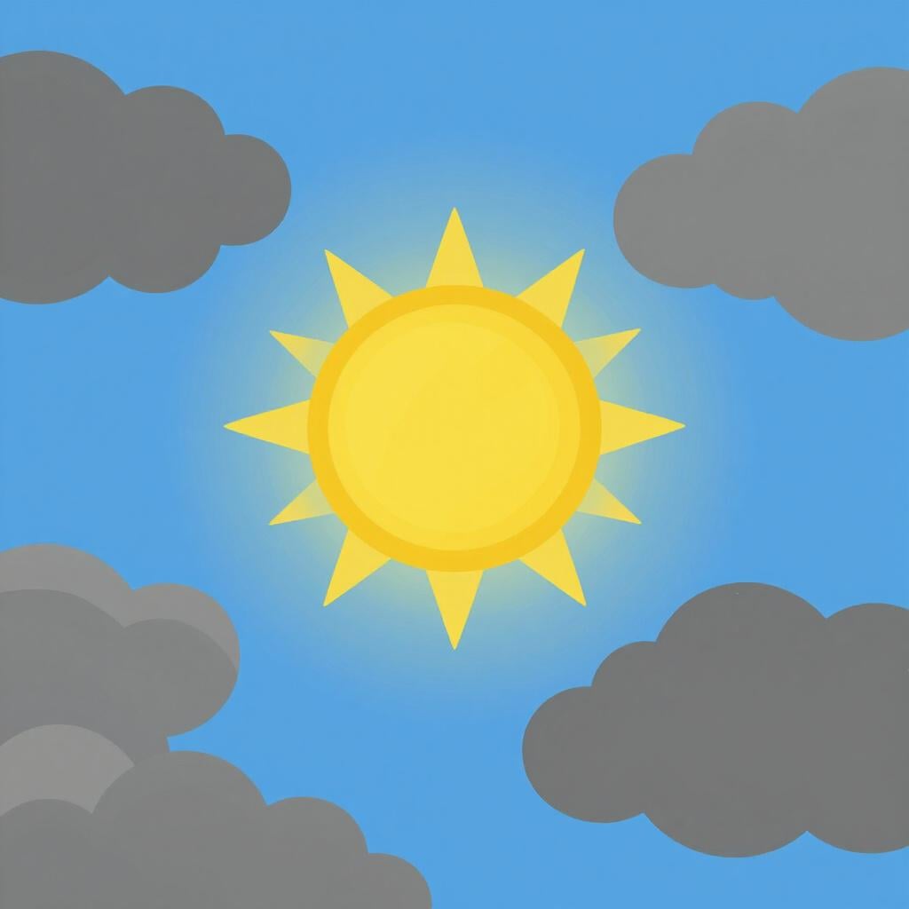 A bright sun shining through dark clouds, causing the clouds to drift apart and vanish.