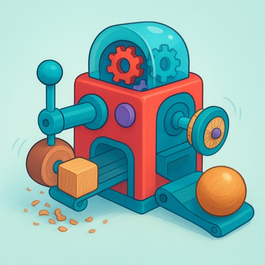 A plain wooden cube is being fed into a simple, colorful machine that is actively shaping it into a smooth, round wooden ball, illustrating the concept of converting one thing into another.