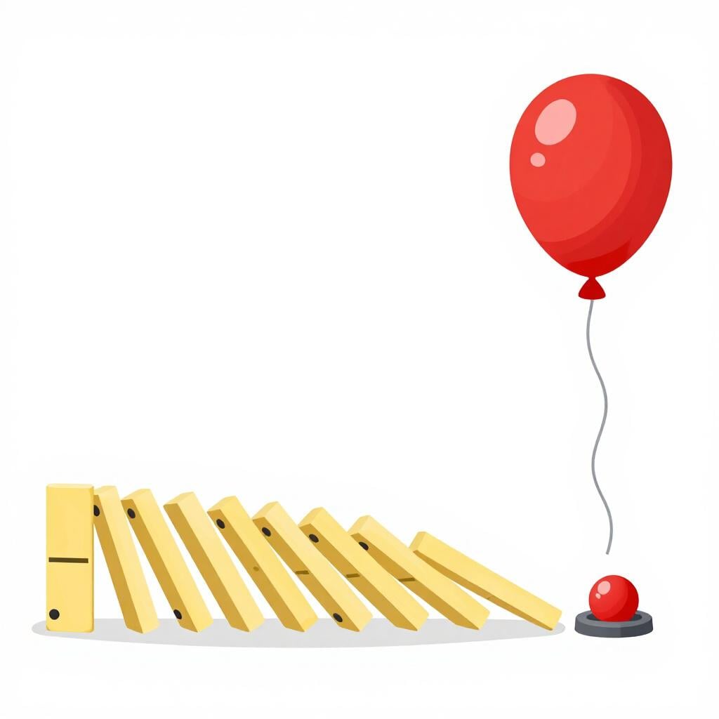 Una fila di domino colorati che cadono colpendo perfettamente un pulsante rosso che rilascia un palloncino.