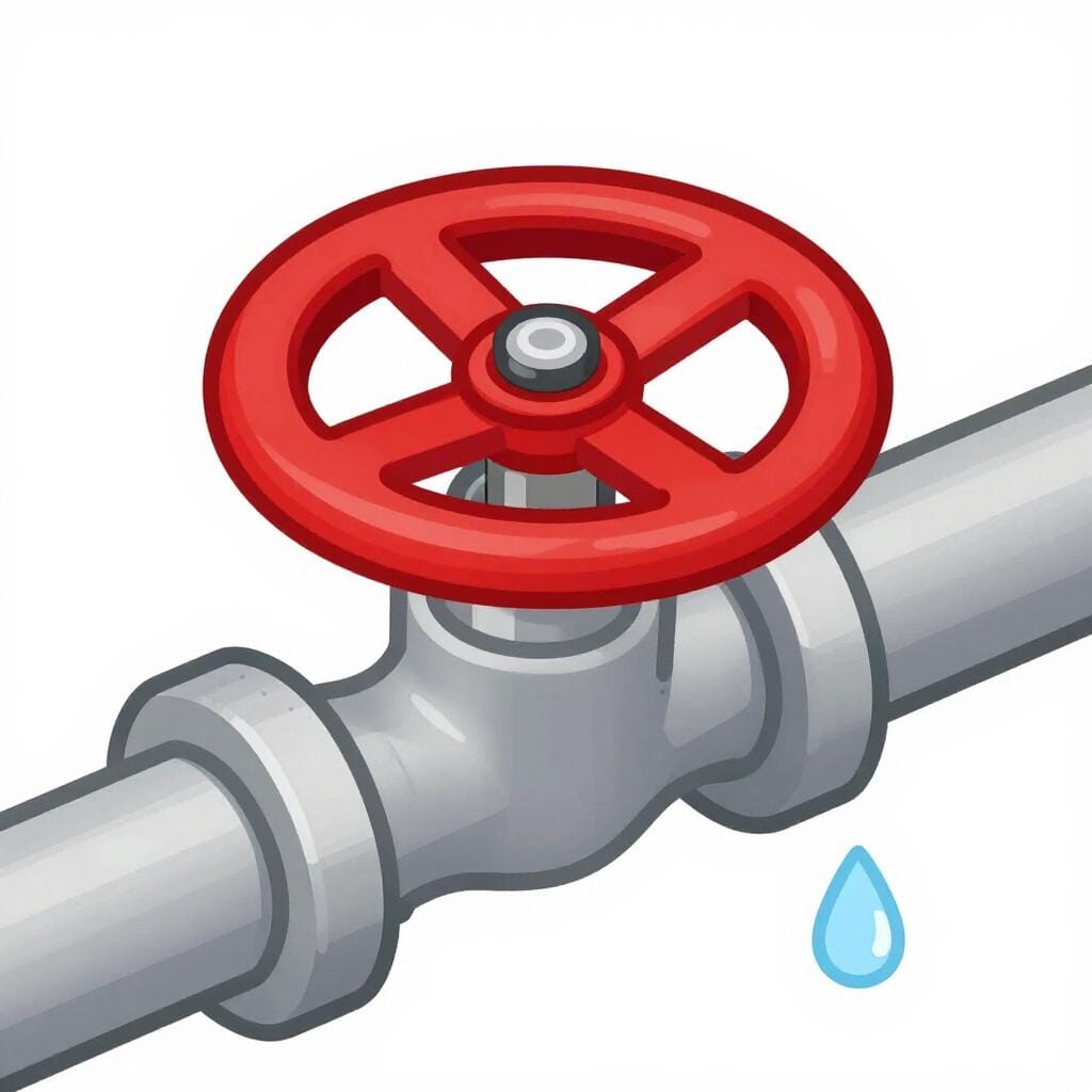 A colorful valve wheel on a metal pipe controlling water flow.