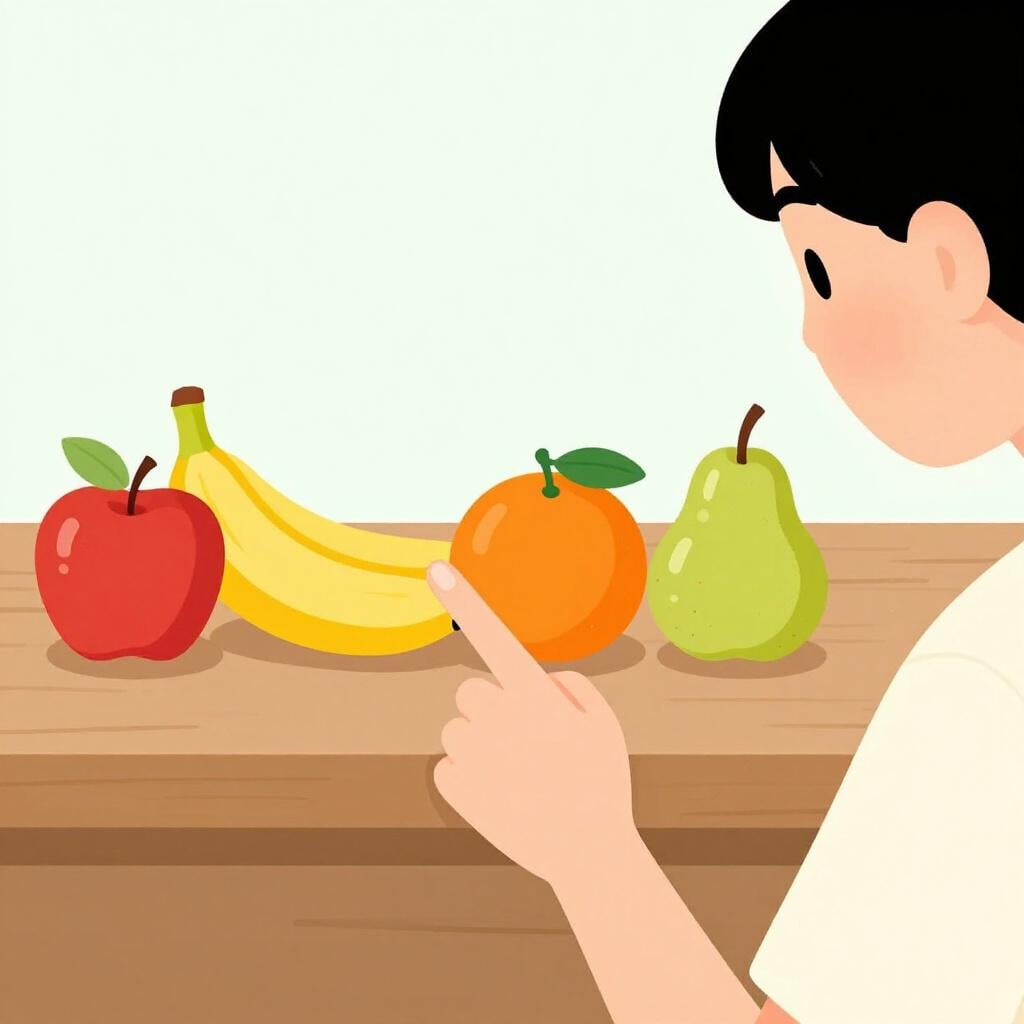 A friendly person pointing at a row of different fruits on a table, highlighting them one by one.