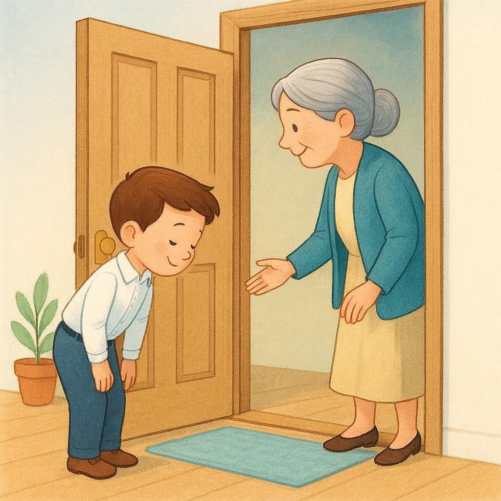 A child politely holding a wooden door open wide for an older woman with gray hair, both smiling, demonstrating good manners.