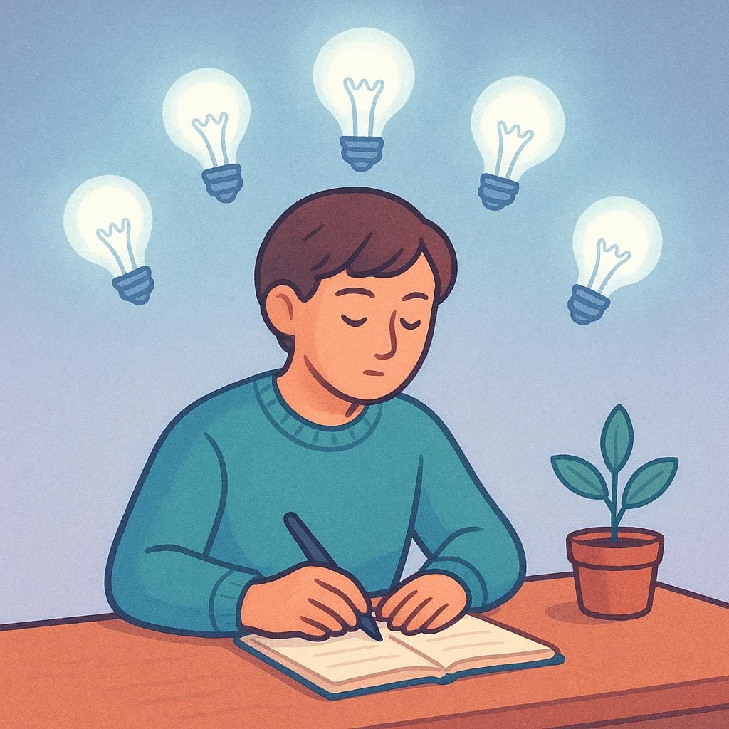 A person sitting at a desk, looking thoughtful, with a cluster of brightly glowing lightbulbs floating directly above their head, symbolizing genius and planning.