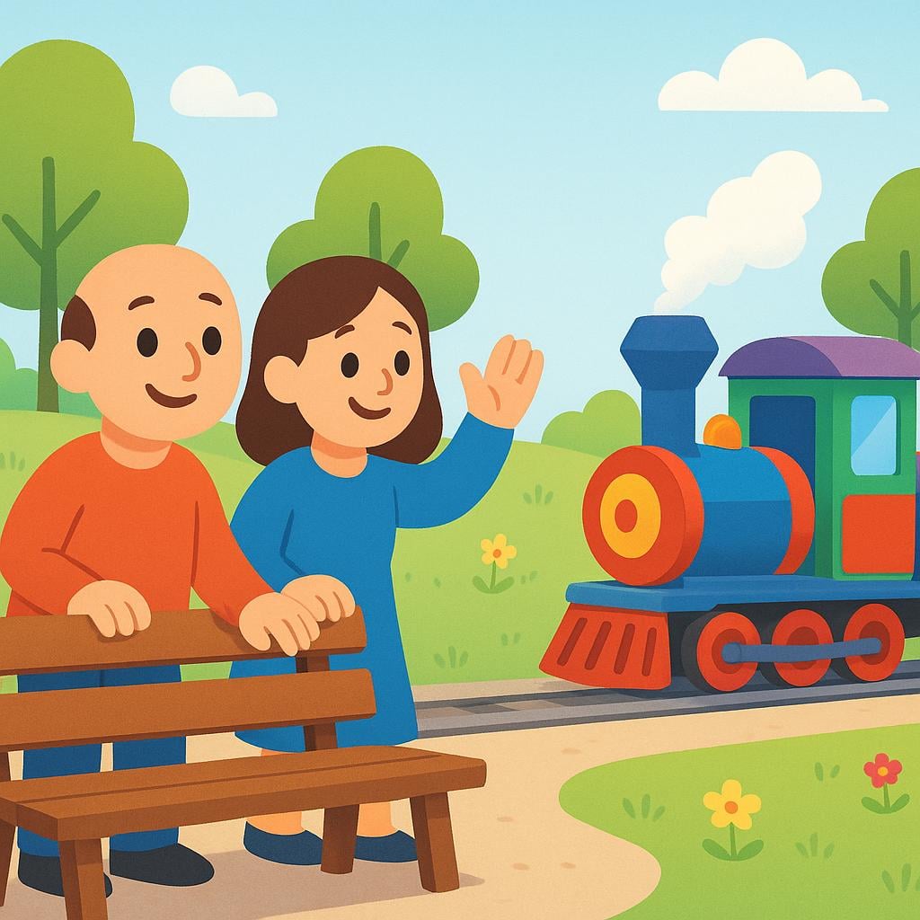 Two smiling figures standing up from a park bench, waving excitedly at a small, colorful train that has just pulled up beside them, signifying that their waiting period is complete.