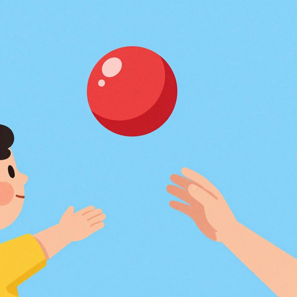 A person throwing a colorful ball into the air.