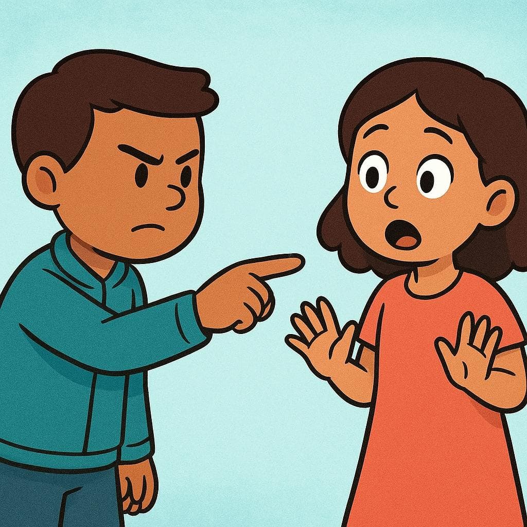 Une illustration vivement colorée montrant une personne pointant un doigt insistant directement sur une autre personne, signifiant une accusation ou l'acte d'attribuer la faute.