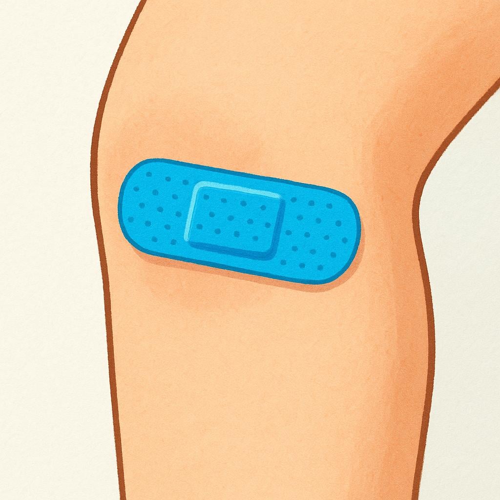 A child with a colorful adhesive bandage on their knee.