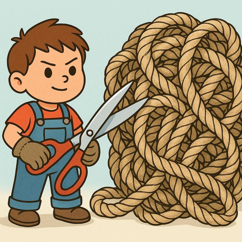 Una figura determinata con guanti da lavoro in piedi accanto a un nodo enorme e aggrovigliato di corda, che tiene in mano un paio di grandi forbici, pronto a tagliare.