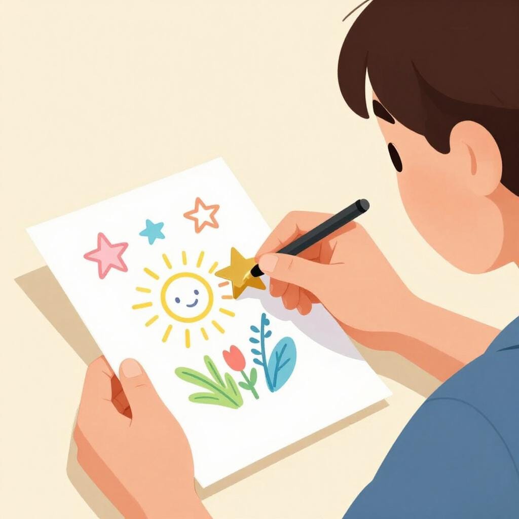 Un insegnante che guarda pensieroso il disegno creativo di uno studente tenendo in mano un adesivo a forma di stella d'oro.