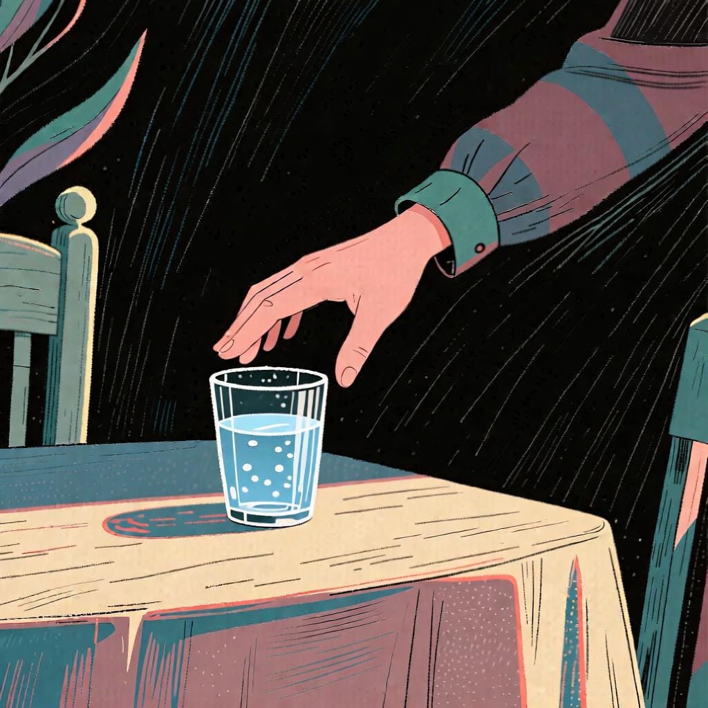 Une personne tendant la main vers un verre d'eau, sur le point d'accomplir l'action, illustrant l'idée de 'aller' faire quelque chose.