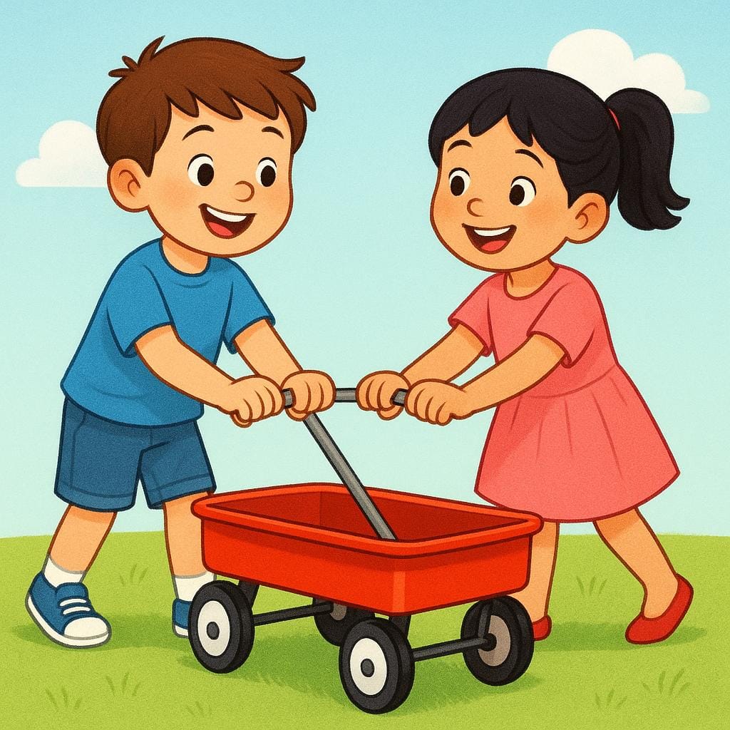 Twee lachende kinderen, een jongen en een meisje, staan samen en houden gezamenlijk het handvat van een felrode kruiwagen vast, wat hun gedeelde bezit symboliseert.