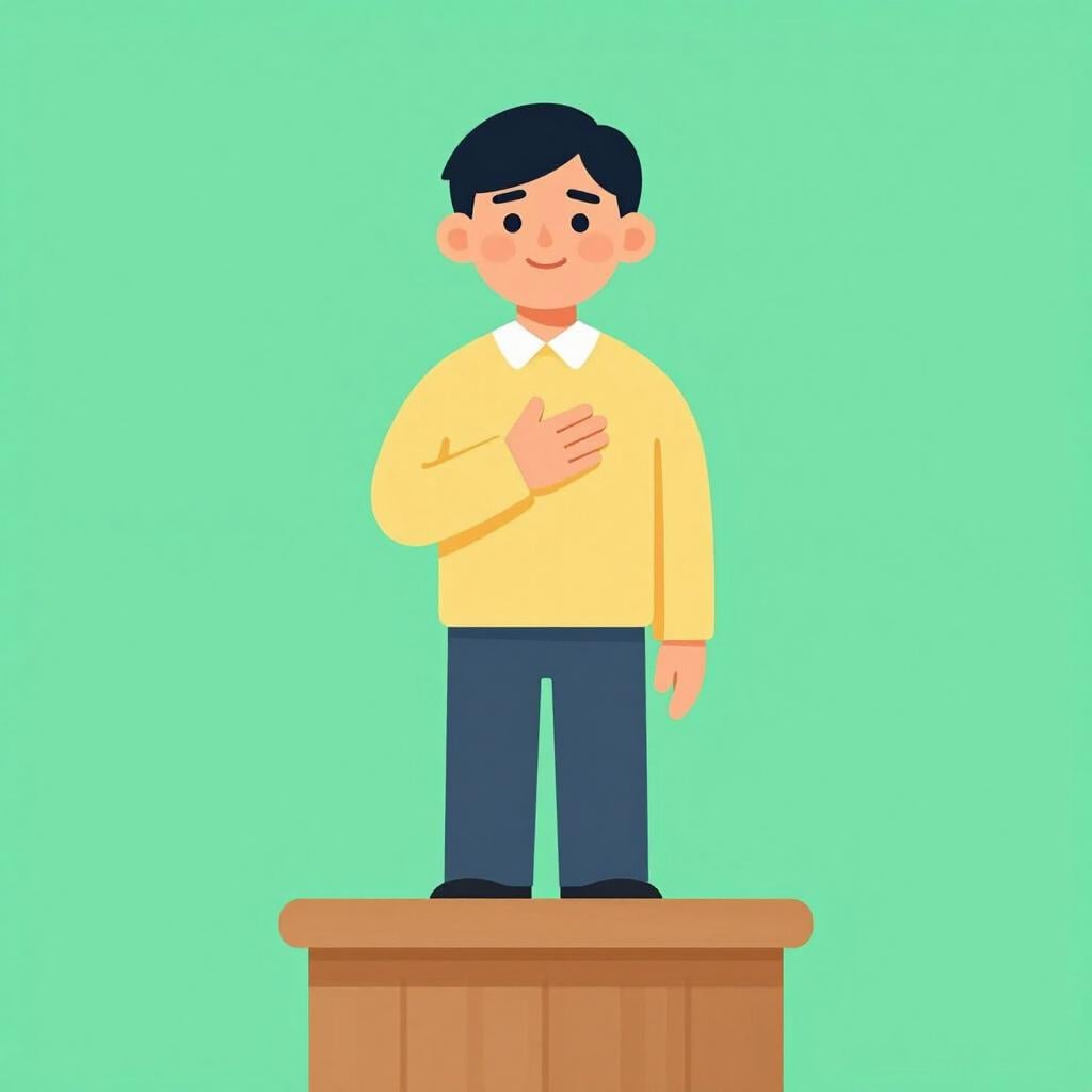 A person standing on a small wooden podium with their hand over their heart, speaking with a confident expression.